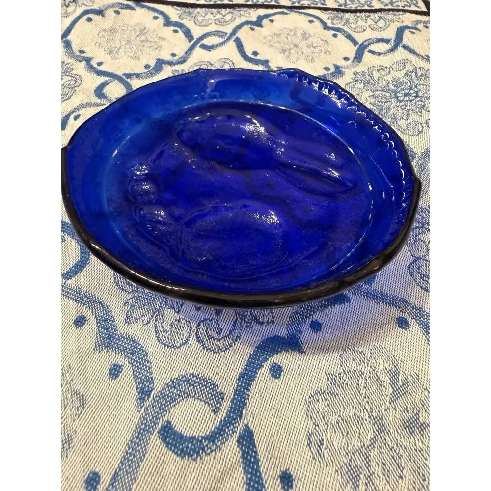 Vintage Cobalt Blue Glass Rabbit Bunny Dish Plate Pressed Glass 4.5”